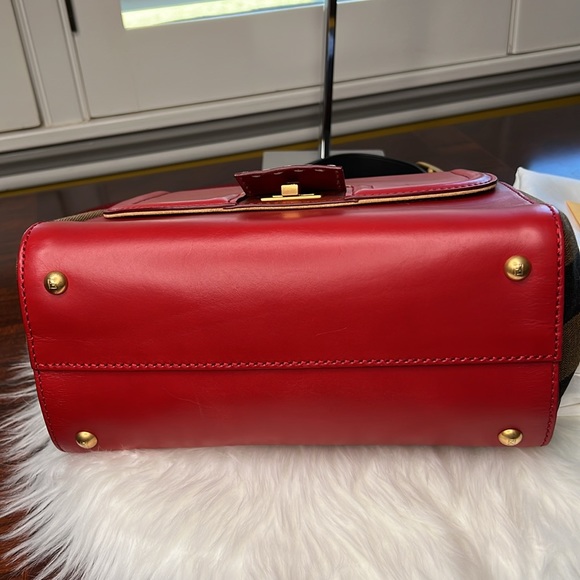 Fendi Silvana Leather Red Flap Turn-Lock Penguin Striped Canvas w/ Strap EUC - Picture 8 of 17